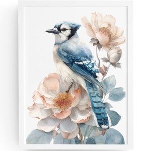 Watercolor Floral Blue Jay Bird Wall Art Illustration Print Poster Unframed